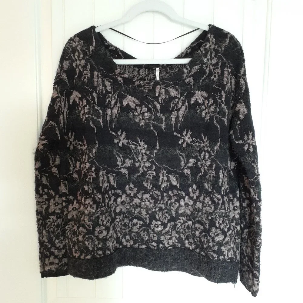 Free People Floral Fields Angora Blend Sweater Black Tan Size S